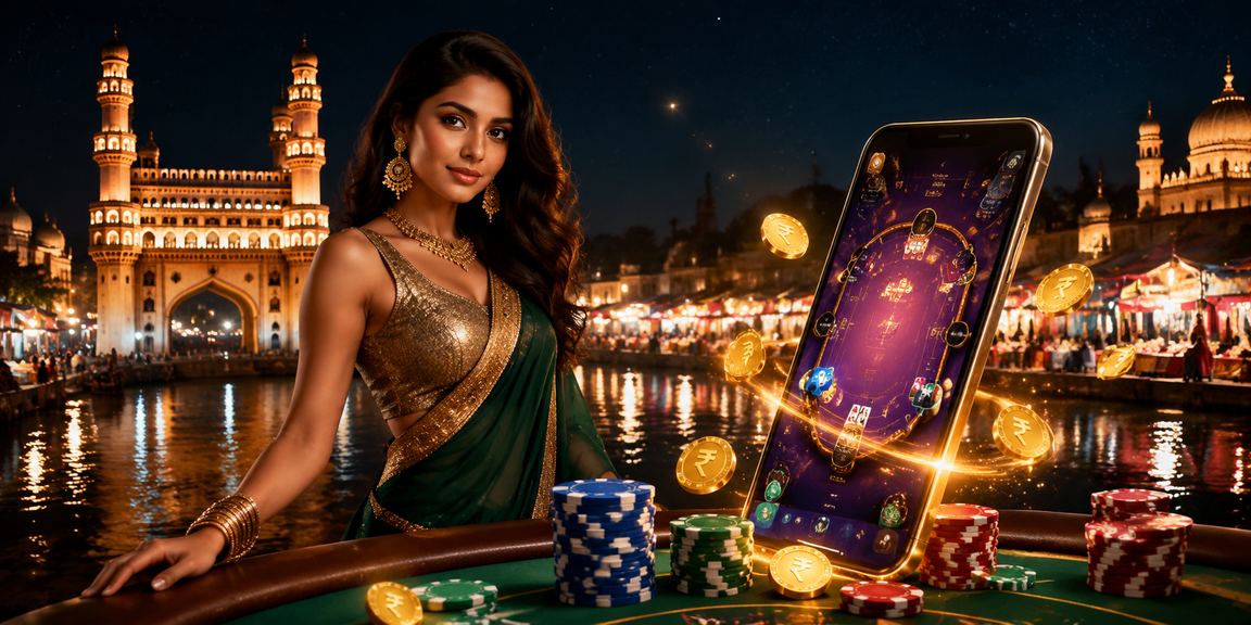 Hyderabad Charminar illuminated at night with festive casino atmosphere